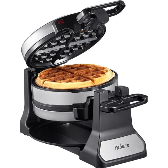 Belgian Waffle Maker, Classic Rotating Waffle Iron with Nonstick Plates, Removable Drip Tray and Cool Touch Handles, Double Flip Waffle, Rotating Belgium Waflera Maker by Yabano, Brushed Stainless