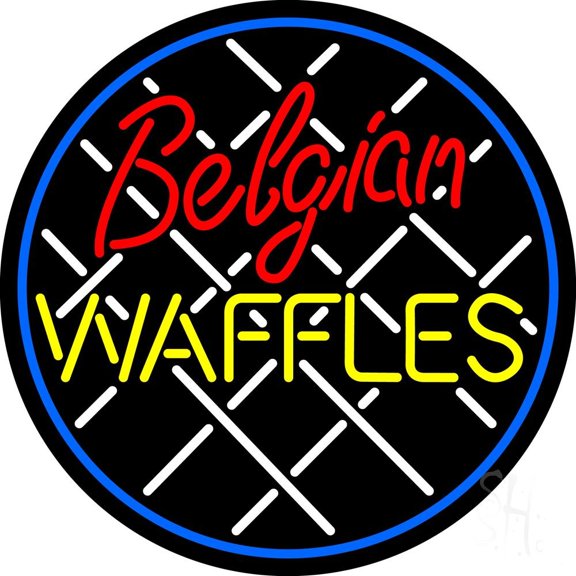Belgian Waffles Circle LED Neon Sign 18 x 18 - inches, Clear Edge Cut Acrylic Backing, with Dimmer - Bright and Premium built indoor LED Neon Sign for restaurant window and interior decor.