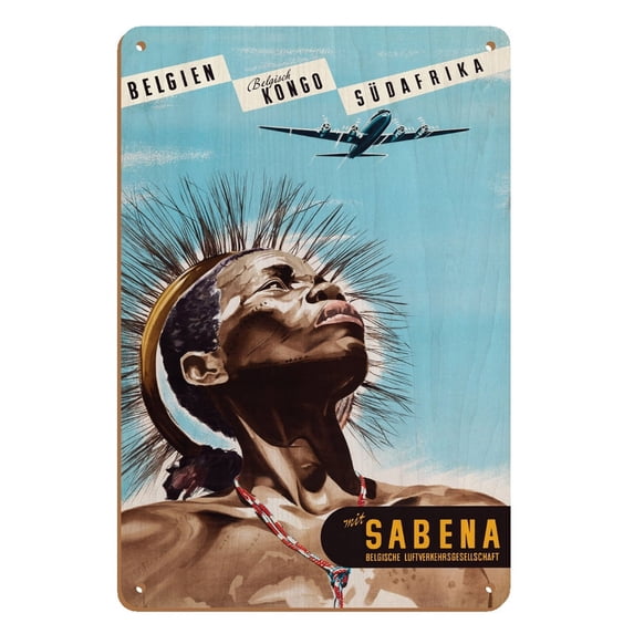 Belgium (Belgien) - Belgian Congo (Belgisch Kongo) - South Africa (Südafrika) - Sabena - Vintage Airline Travel Poster by Marcel Cros c.1950 - 8 x 12 inch Vintage Wood Art Sign