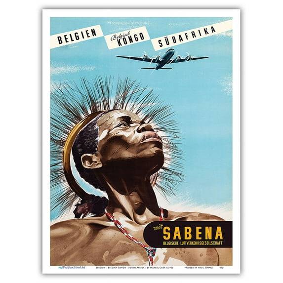 Belgium (Belgien) - Belgian Congo (Belgisch Kongo) - South Africa (Südafrika) - Sabena - Vintage Airline Travel Poster by Marcel Cros c.1950 - Master Art Print (Unframed) 9in x 12in