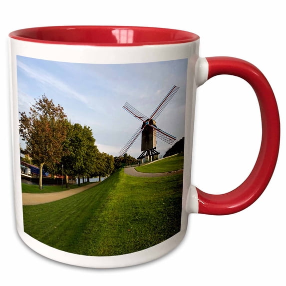 3drose, Belgium, Bruges, Windmill and Canal - Eu04 Wsu0051 - William Sutton, 15oz Two-tone Red Mug