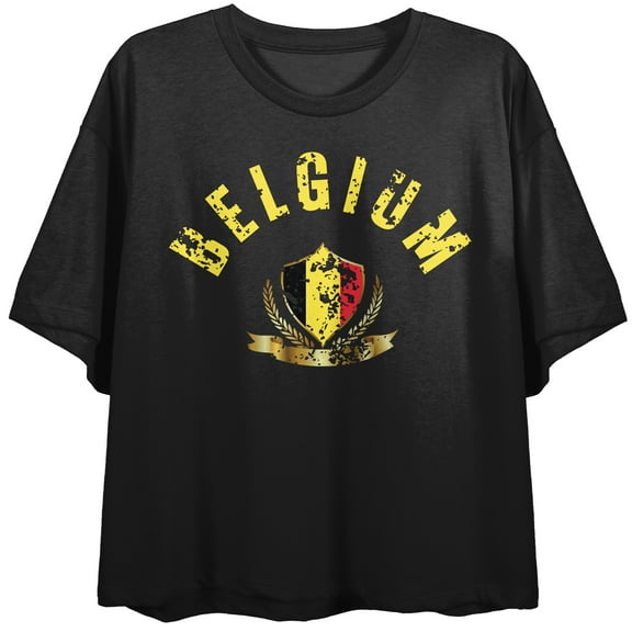 Belgium Distressed Flag Crew Neck Short Sleeve Women's Black Crop Top
-Medium