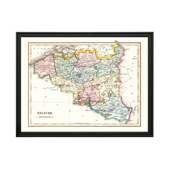 Belgium Map, 1832 Vintage Map of Belgium History Wall Decor Gift, Old Belgium Map - 24" x 18" Black Framed Print
