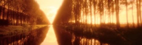 Belgium tree lined waterway through countryside sepia tone Canvas Art - Panoramic Images (36 x 12)