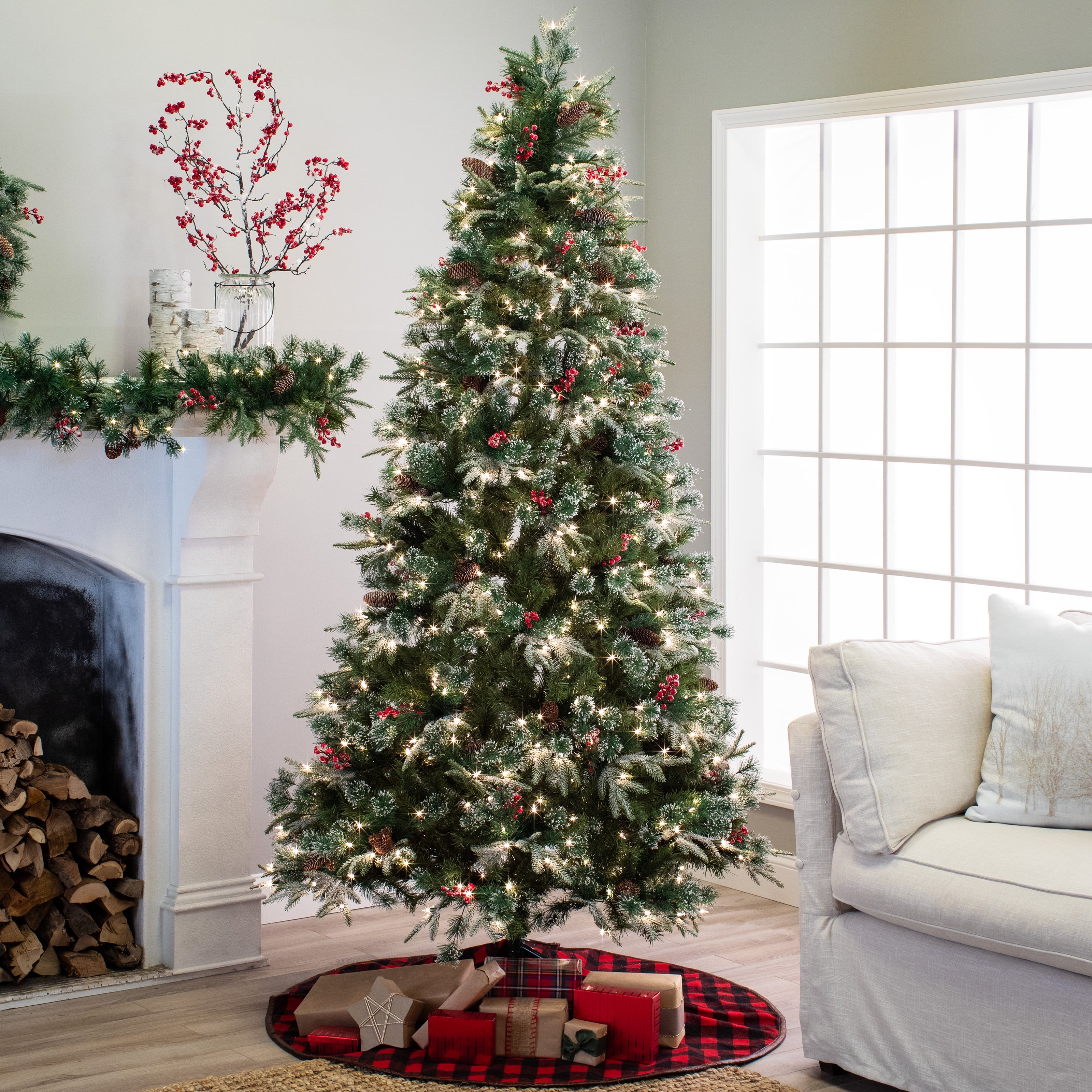 Belham Living 7.5ft Pre-Lit Flocked Mixed Pine Artificial Christmas ...