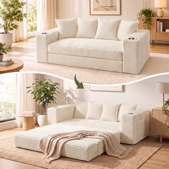 Belhome 79" Convertible Sofa Bed, Boneless Couch Sleeper Sofa with Cup Holders & Side Pockets, Corduroy Loveseat Sofa Bed, No Assembly for Living Room, Apartment & Small Spaces