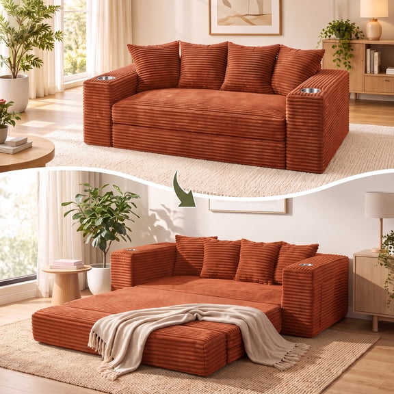 Belhome 79" Convertible Sofa Bed, Boneless Couch Sleeper Sofa with Cup Holders & Side Pockets, Corduroy Loveseat Sofa Bed, No Assembly for Living Room, Apartment & Small Spaces
