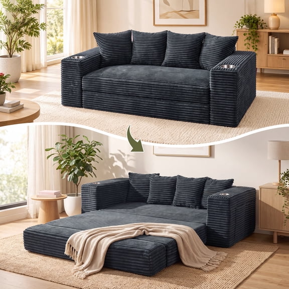 Belhome 78" Convertible Sofa Bed, Boneless Couch Sleeper Sofa with Cup Holders & Side Pockets, Corduroy Loveseat Sofa Bed, No Assembly for Living Room, Apartment & Small Spaces