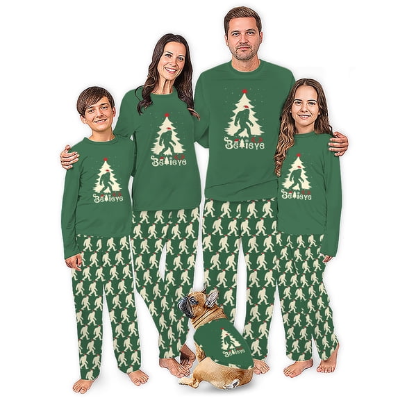Believe Bigfoot Christmas Matching Family Pajamas, Sasquatch Family And Dog PJs, Plus Sizes, With Pockets
