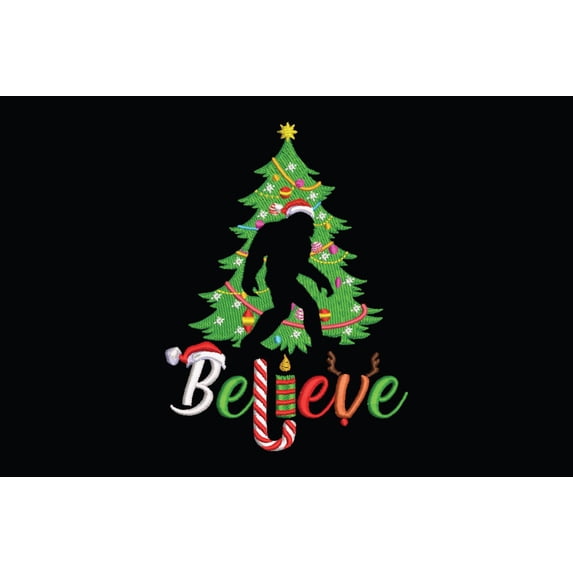 Believe Bigfoot Christmas Tree Embroidery Design, Believe Xmas Embroidery Design, Christmas Believe Machine Embroidery Design