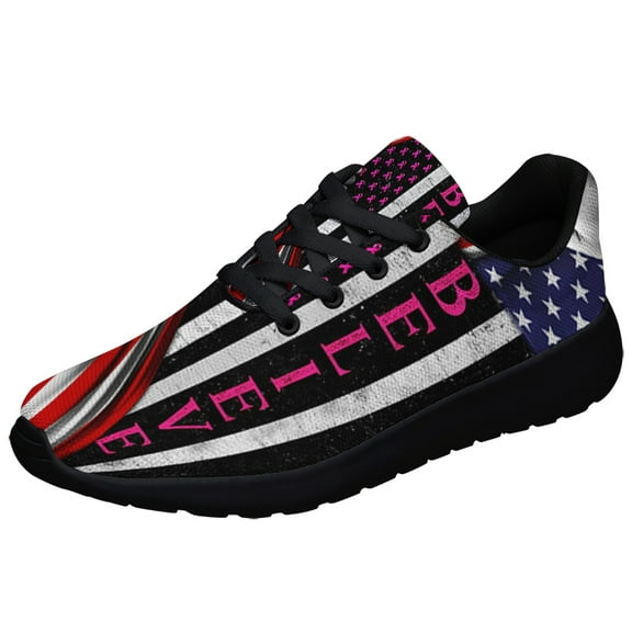 Believe Breast Cancer Awareness American flag US Shoes Sneakers for Women Men Black Size 3.5