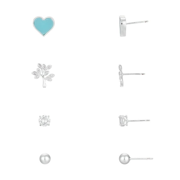 Believe by Brilliance Fine Silver Plated Semi-Precious Reconstituted Turquoise Inlay Stone and Cubic Zirconia Family Tree and Heart Post Earring Four Piece Set