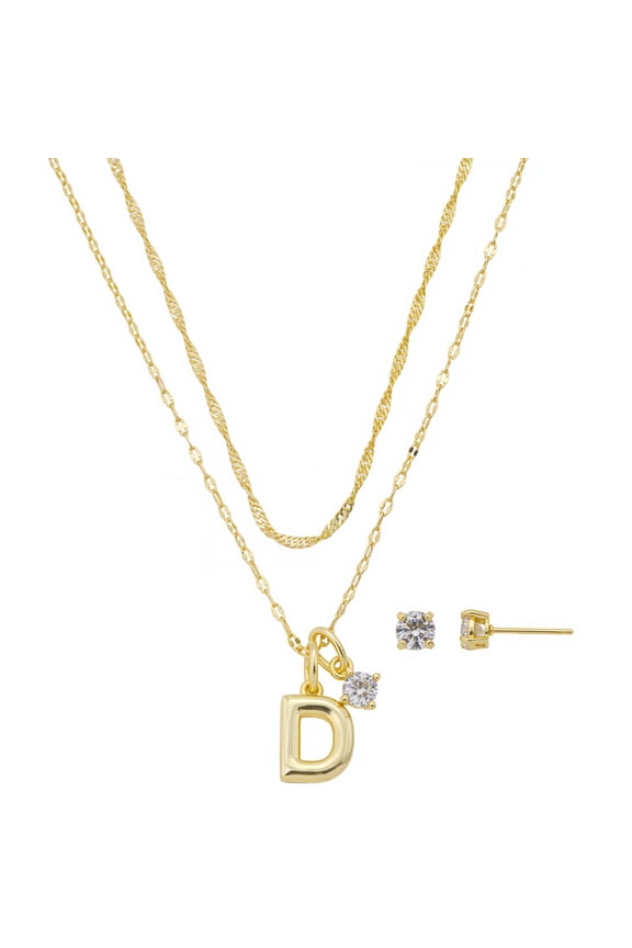 Women's 14Kt Gold Flash Plated Initial D Slider Charm and Cubic Zirconia Charm Layered Necklace and Stud Earring Set, 16+2"/18+2"
