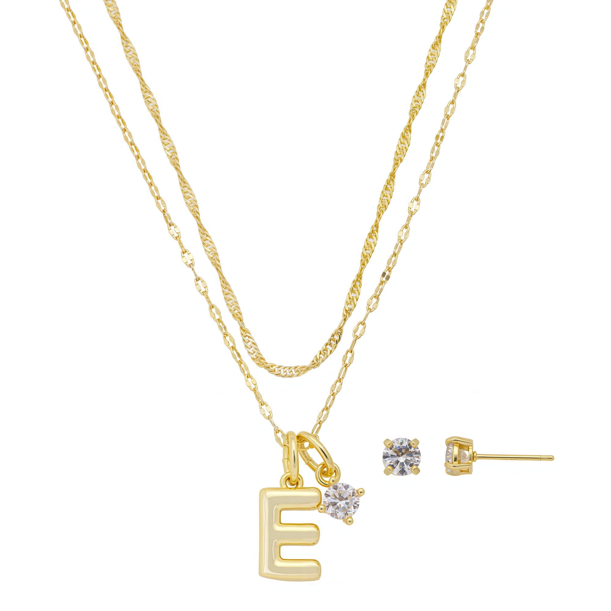 Believe by Brilliance Women's 14Kt Gold Flash Plated Initial E Slider Charm and Cubic Zirconia Charm Layered Necklace and Stud Earring Set, 16+2"/18+2"