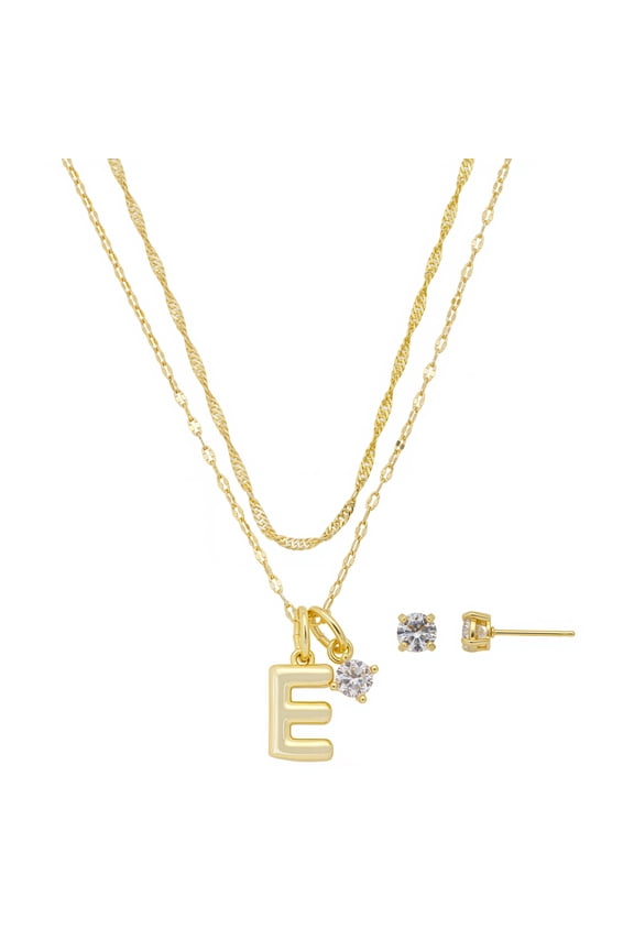 Women's 14Kt Gold Flash Plated Initial E Slider Charm and Cubic Zirconia Charm Layered Necklace and Stud Earring Set, 16+2"/18+2"