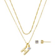 Believe by Brilliance Women's 14Kt Gold Flash Plated Initial H Slider Charm and Cubic Zirconia Charm Layered Necklace and Stud Earring Set, 16+2"/18+2"