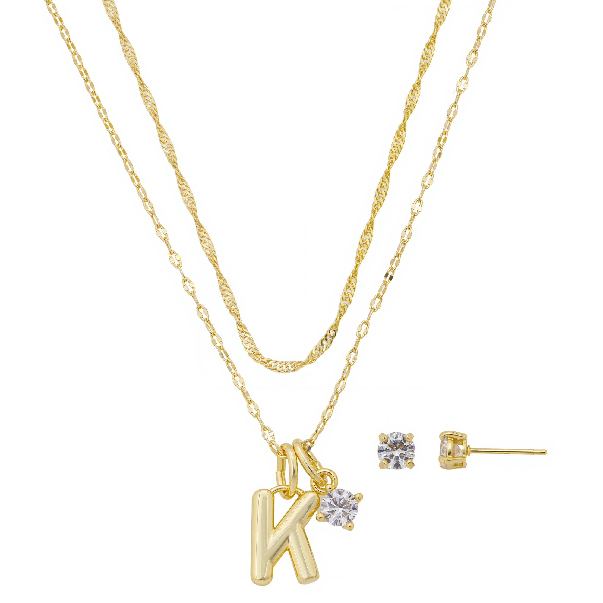 Believe by Brilliance Women's 14Kt Gold Flash Plated Initial K Slider Charm and Cubic Zirconia Charm Layered Necklace and Stud Earring Set, 16+2"/18+2"