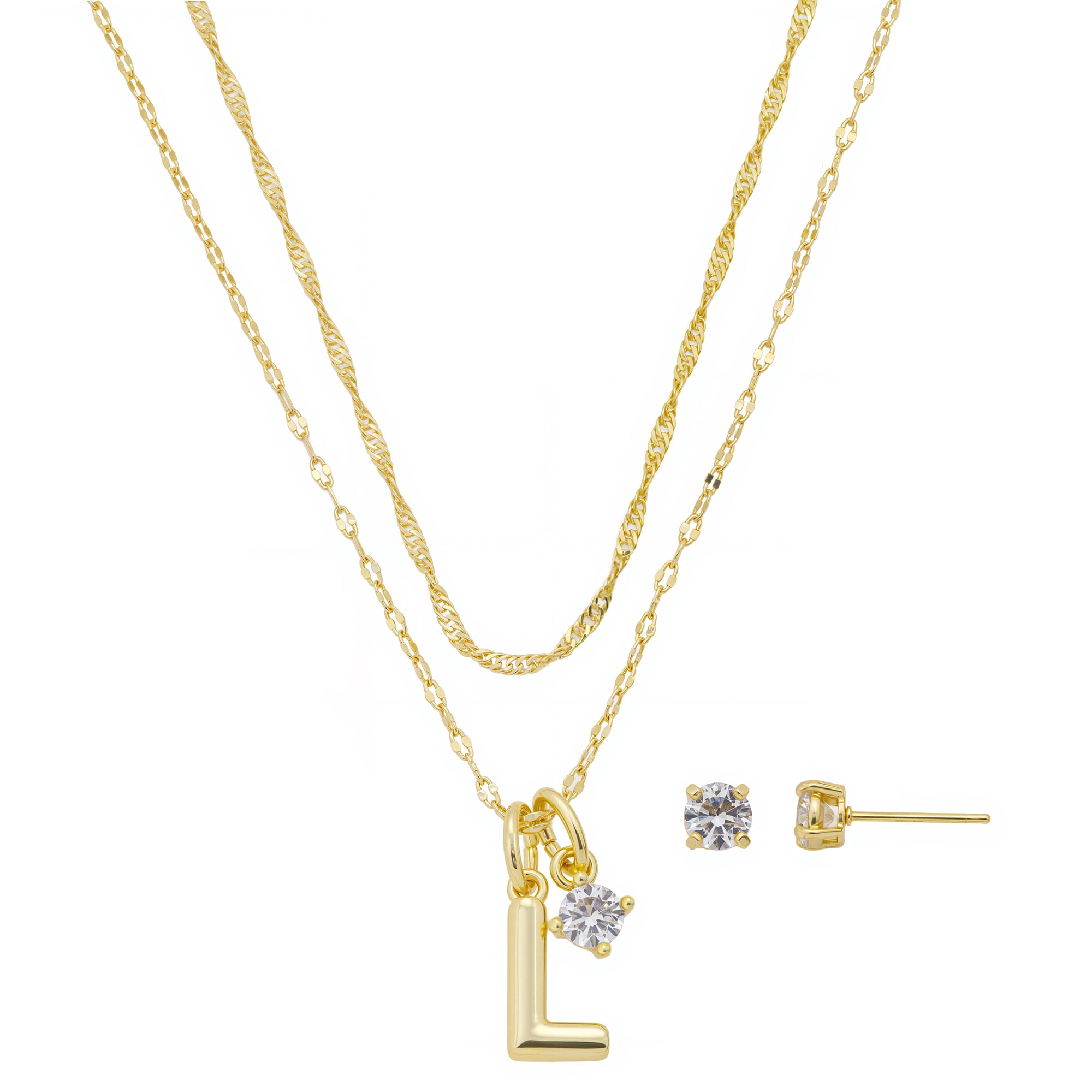 Believe by Brilliance Women's 14Kt Gold Flash Plated Initial L Slider Charm and Cubic Zirconia Charm Layered Necklace and Stud Earring Set, 16+2"/18+2"
