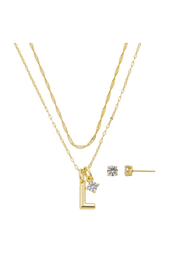 Women's 14Kt Gold Flash Plated Initial L Slider Charm and Cubic Zirconia Charm Layered Necklace and Stud Earring Set, 16+2"/18+2"