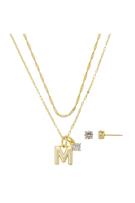 Women's 14Kt Gold Flash Plated Initial M Slider Charm and Cubic Zirconia Charm Layered Necklace and Stud Earring Set, 16+2"/18+2"