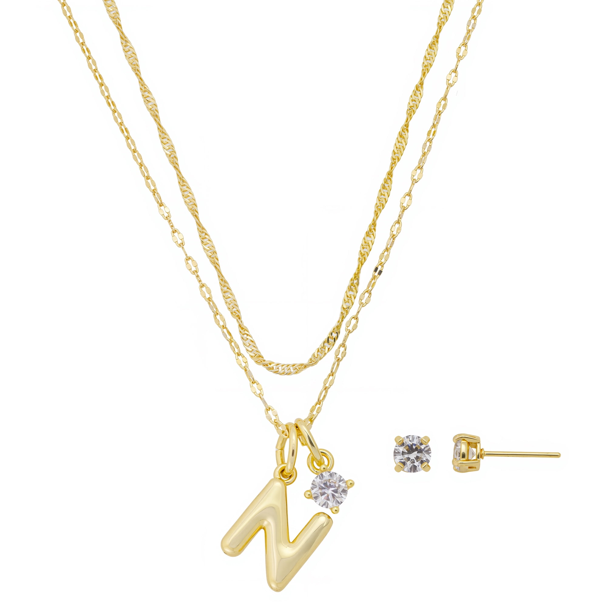 Believe by Brilliance Women's 14Kt Gold Flash Plated Initial N Slider Charm and Cubic Zirconia Charm Layered Necklace and Stud Earring Set, 16+2"/18+2"