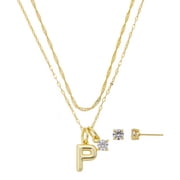 Believe by Brilliance Women's 14Kt Gold Flash Plated Initial P Slider Charm and Cubic Zirconia Charm Layered Necklace and Stud Earring Set, 16+2"/18+2"