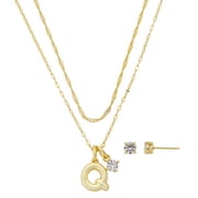 Believe by Brilliance Women's 14Kt Gold Flash Plated Initial Q Slider Charm and Cubic Zirconia Charm Layered Necklace and Stud Earring Set, 16+2"/18+2"