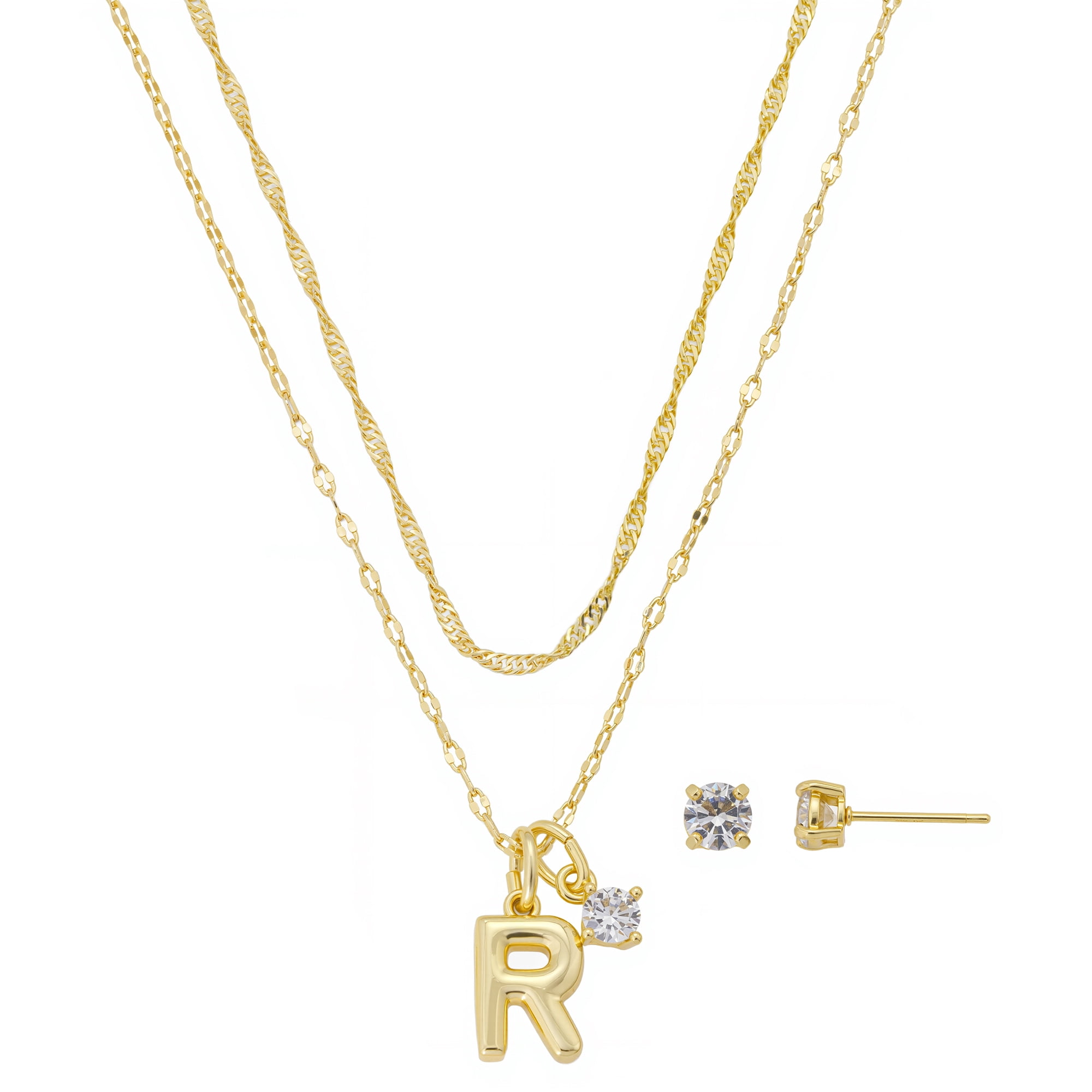 Believe by Brilliance Women's 14Kt Gold Flash Plated Initial R Slider Charm and Cubic Zirconia Charm Layered Necklace and Stud Earring Set, 16+2"/18+2"