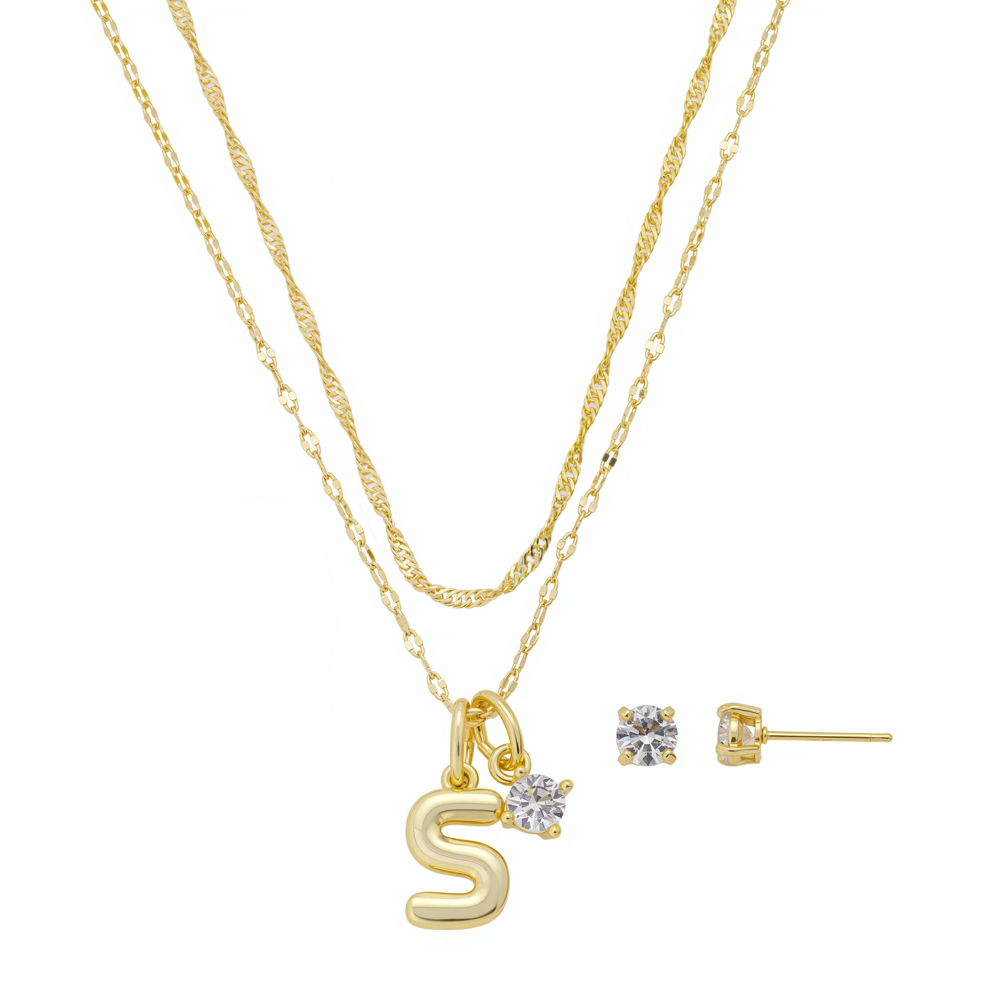 Believe by Brilliance Women's 14Kt Gold Flash Plated Initial S Slider Charm and Cubic Zirconia Charm Layered Necklace and Stud Earring Set, 16+2"/18+2"