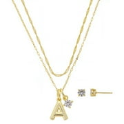 BELIEVE BY BRILLIANCE Women's 14Kt Gold Flash Plated Initial A Slider Charm and Cubic Zirconia Charm Layered Necklace and Stud Earring Set, 16+2"/18+2"