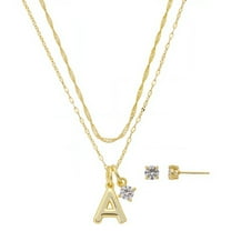 Believe by Brilliance Women's 14Kt Gold Flash Plated Initial A Slider Charm and Cubic Zirconia Charm Layered Necklace and Stud Earring Set, 16 2"/18 2"