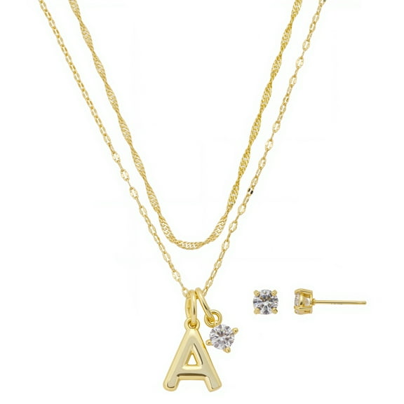 Believe by Brilliance Women's 14Kt Gold Flash Plated Initial A Slider Charm and Cubic Zirconia Charm Layered Necklace and Stud Earring Set, 16+2"/18+2"