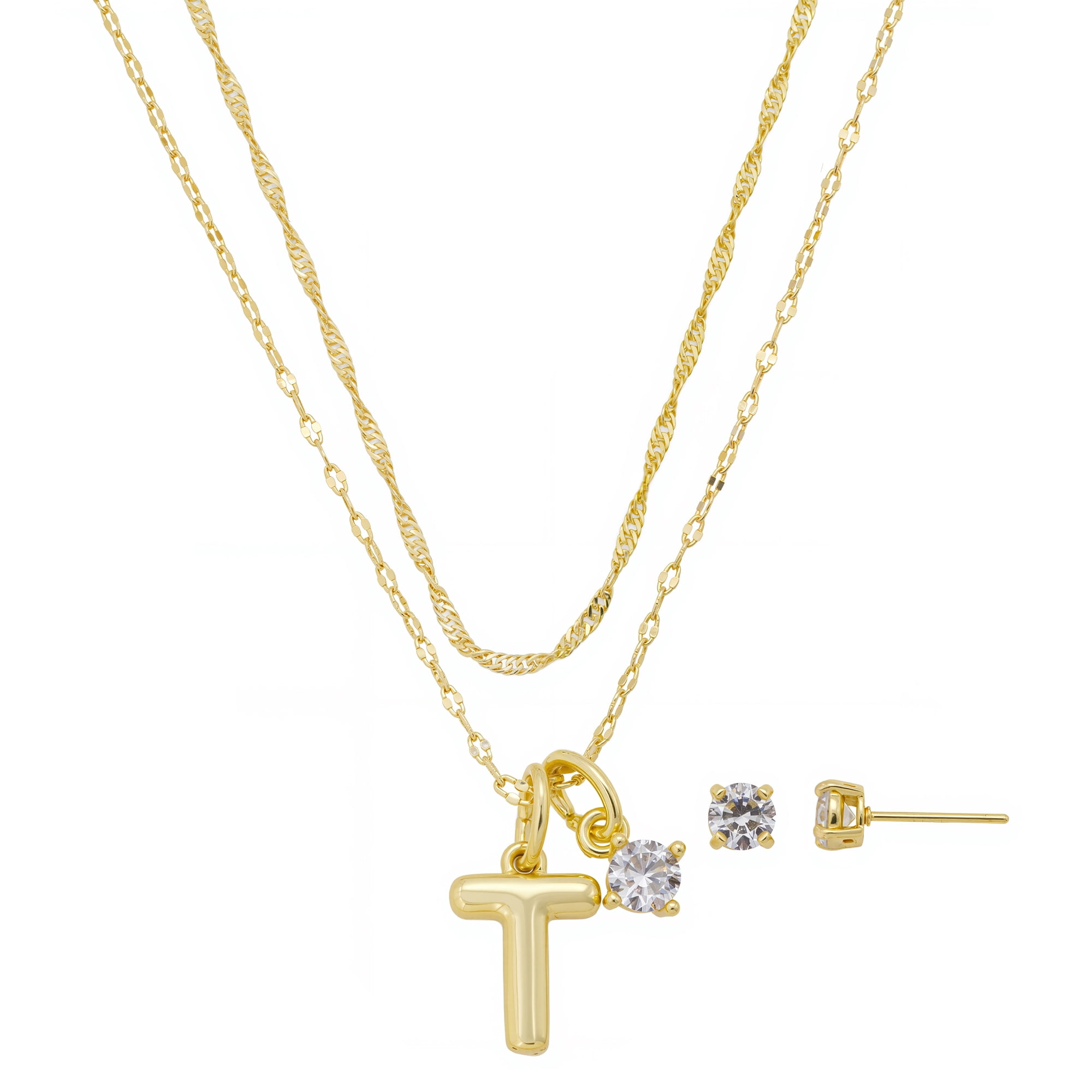 Believe by Brilliance Women's 14Kt Gold Flash Plated Initial T Slider Charm and Cubic Zirconia Charm Layered Necklace and Stud Earring Set, 16+2"/18+2"
