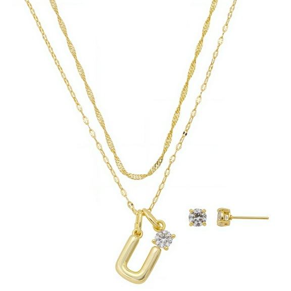 Believe by Brilliance Women's 14Kt Gold Flash Plated Initial U Slider Charm and Cubic Zirconia Charm Layered Necklace and Stud Earring Set, 16+2"/18+2"