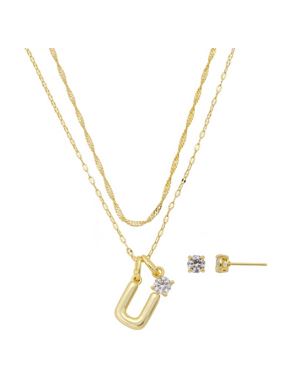 Women's 14Kt Gold Flash Plated Initial U Slider Charm and Cubic Zirconia Charm Layered Necklace and Stud Earring Set, 16+2"/18+2"