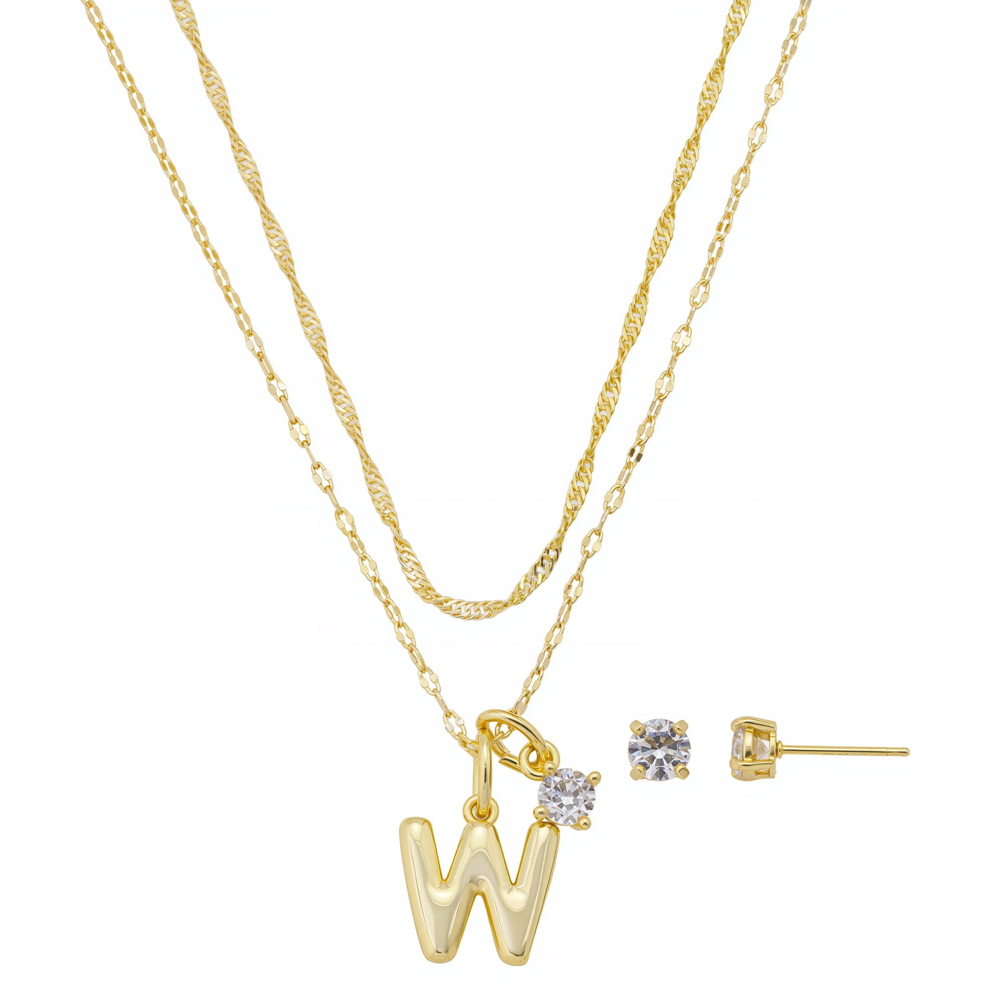 Believe by Brilliance Women's 14Kt Gold Flash Plated Initial W Slider Charm and Cubic Zirconia Charm Layered Necklace and Stud Earring Set, 16+2"/18+2"