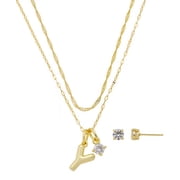 Believe by Brilliance Women's 14Kt Gold Flash Plated Initial Y Slider Charm and Cubic Zirconia Charm Layered Necklace and Stud Earring Set, 16+2"/18+2"