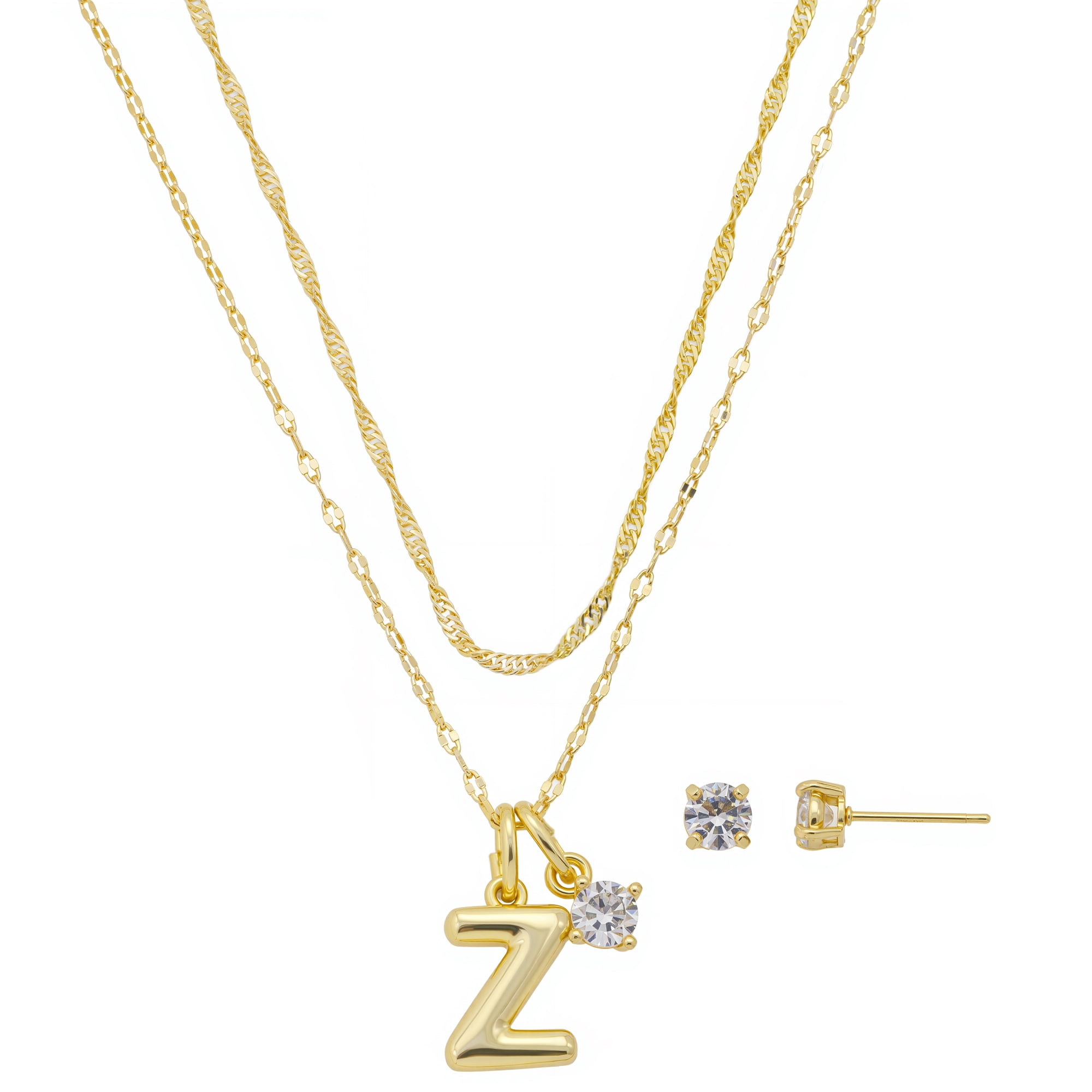 Believe by Brilliance Women's 14Kt Gold Flash Plated Initial Z Slider Charm and Cubic Zirconia Charm Layered Necklace and Stud Earring Set, 16+2"/18+2"