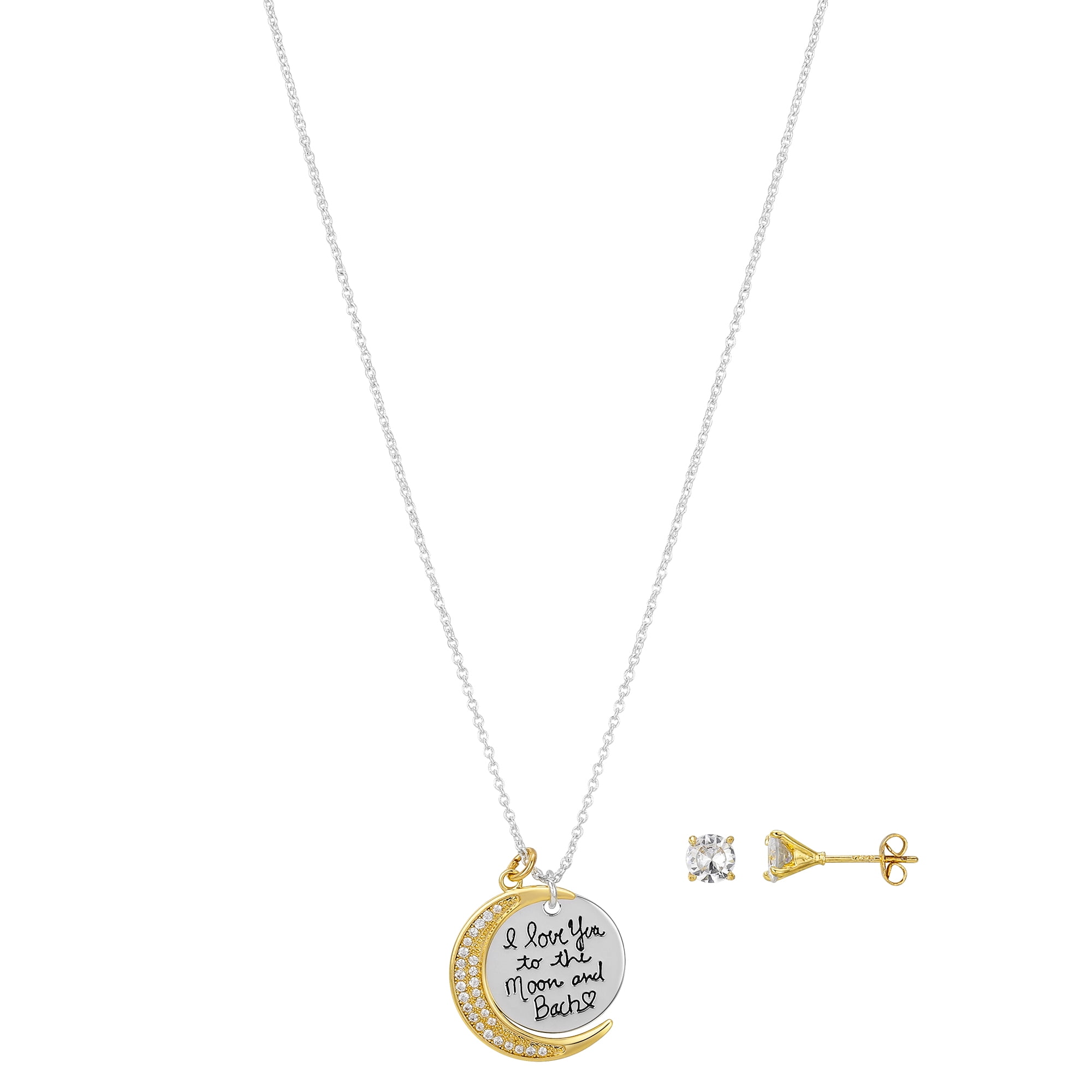 BELIEVE BY BRILLIANCE Women's Fine Silver Plated Cubic Zirconia "I Love You to the Moon and Back" Charm Pendant Necklace and Stud Earring Set, 18+2" Extender