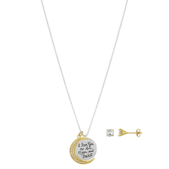 Believe by Brilliance Women's Fine Silver Plated Cubic Zirconia "I Love You to the Moon and Back" Charm Pendant Necklace and Stud Earring Set, 18+2" Extender