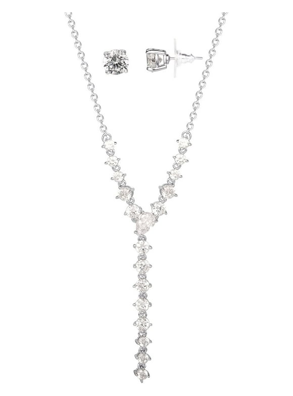 Believe By Brilliance Fine Silver Plated Cubic Zirconia Stud Earring and Y Necklace Set, 18"