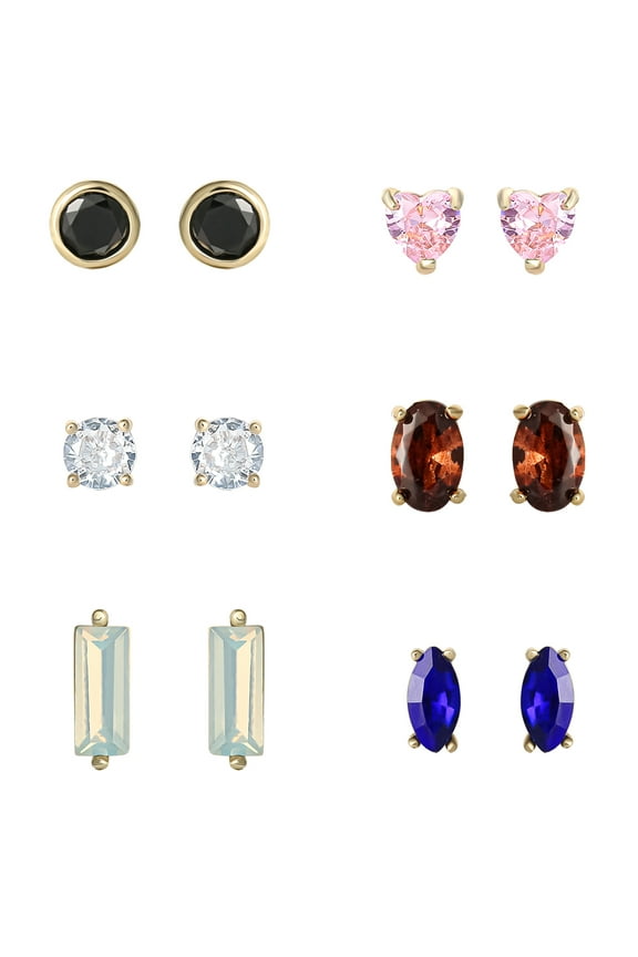 Women's 14k Gold Flash Plated Cubic Zirconia Stud Earrings Set, 6 Pairs