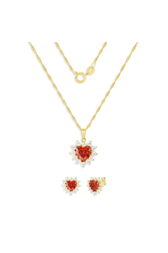 Women's Flash Gold Plated Red Heart CZ Earring and Pendant Set