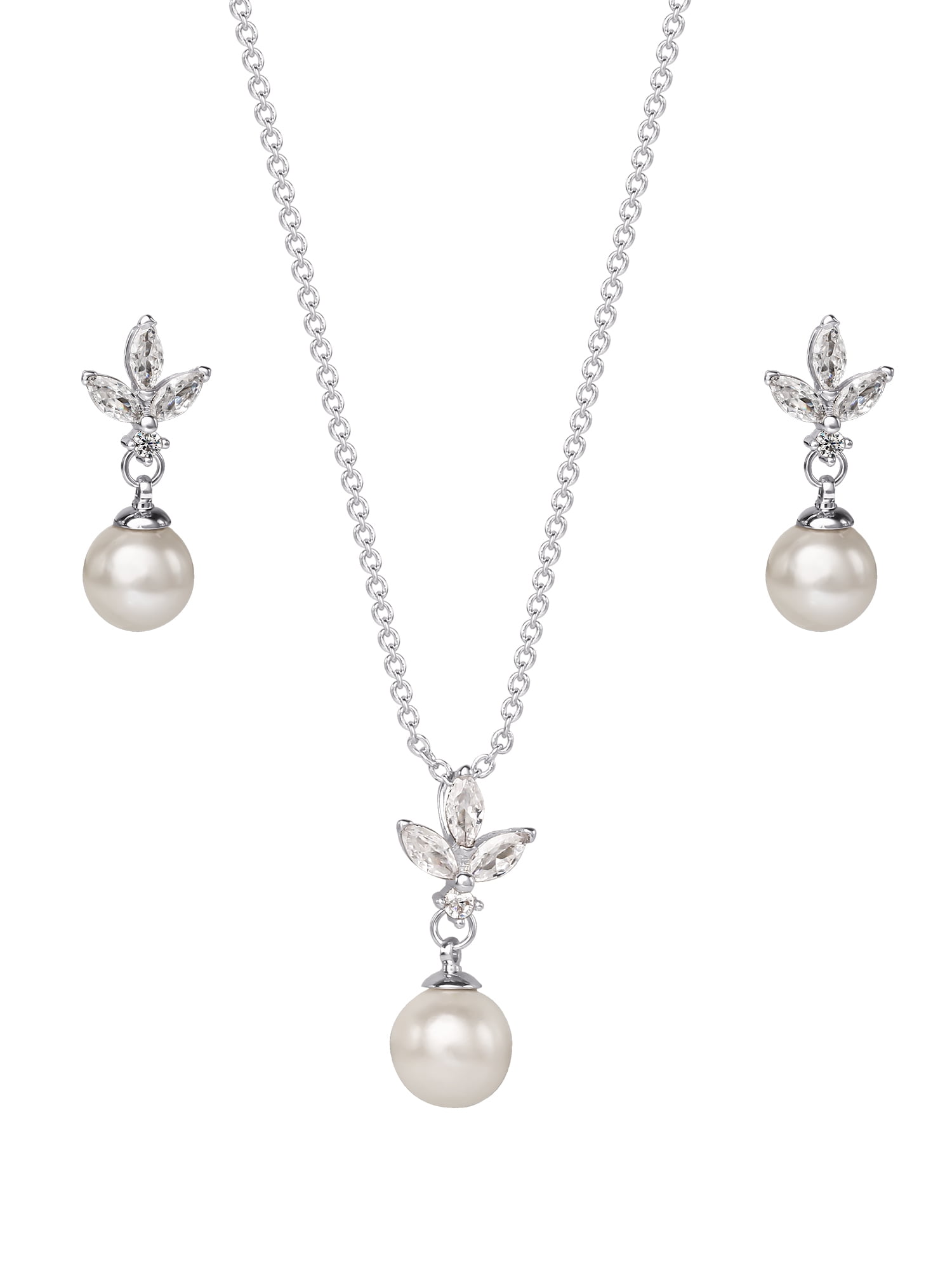 Believe By Brilliance Women's Silver Plated Cubic Zirconia and Simulated Pearl Pendant and Earring Set, 18" + 2"