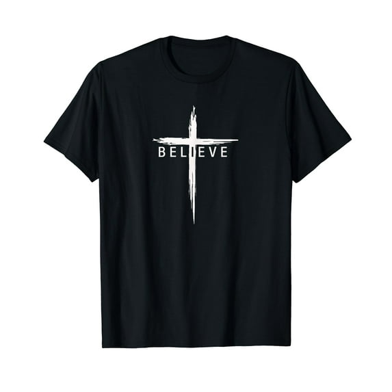 Believe Christian Cross Jesus Christ Christians Men Women Black T-Shirt Crew Neck Tee