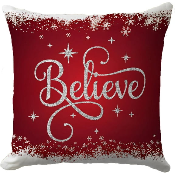 Believe Christmas Pillow Cover 18x18 Inch, Red and White Winter Decorative Cushion Cover, Holiday Inspirational Throw Pillow Case for Christmas, Winter, and Home Decor