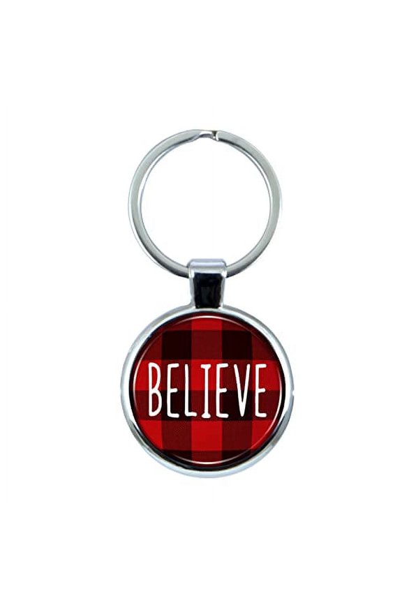 Believe Christmas Red Plaid Keychain with Epoxy Dome and Metal Keyring