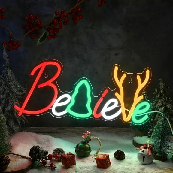 Believe Christmas Sign Decorations - Merry Christmas Lighted Sign for Outdoor Party Decor - LED Lights Room Decor