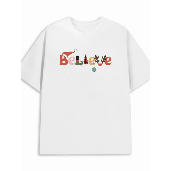 Believe Christmas Tee Christmas funny t shirts t shirt men's 180G 100% Cotton white Soft and comfortable Everyday and weekend wear glitter humor Basic Unisex Shirt Cotton tshirts