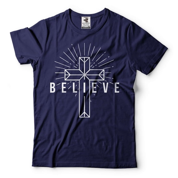 Believe Cross T Shirt Faith Shirt Christian Shirts Mens Women Cross Faith Tee Shirt Church Shirt (Medium Navy Blue)